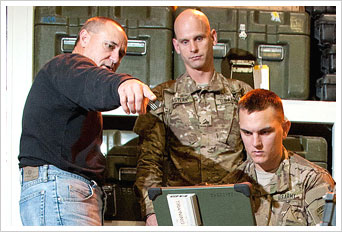 two soldiers and one civilian looking at a computer